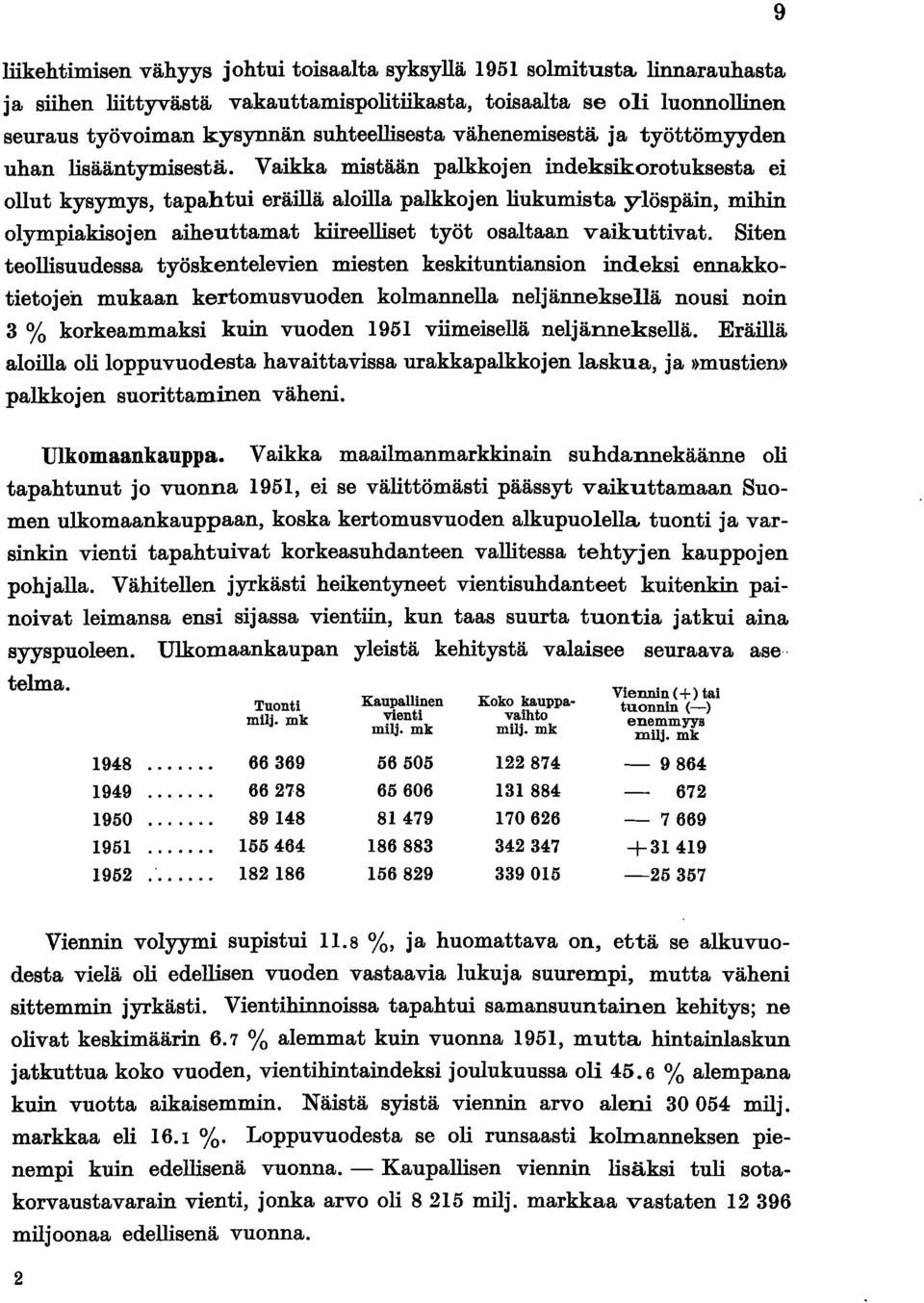 Vaikka mistään palkkojen indeksikorotuksesta ei ollut kysymys, tapahtui eräillä aloilla palkkojen liukumista ylöspäin, mihin olympiakisojen aiheuttamat kiireelliset työt osaltaan vaikuttivat.