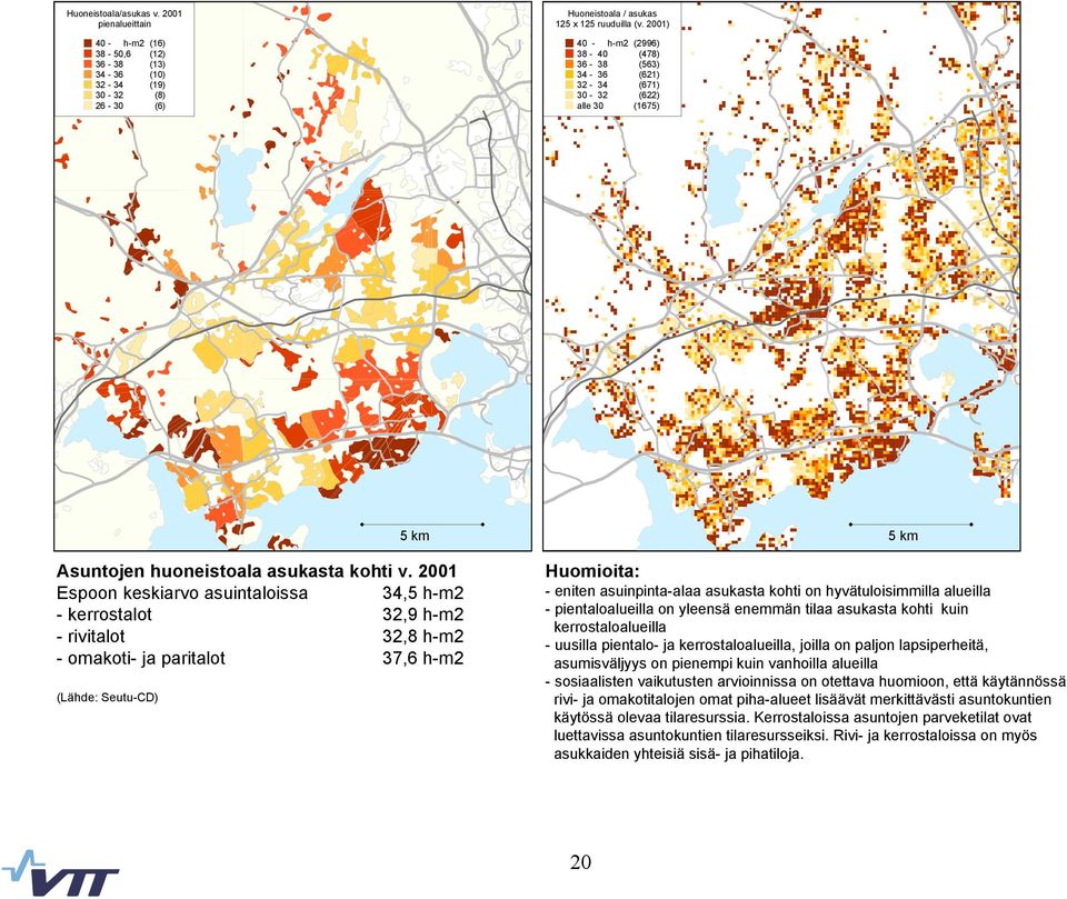 21 Espoon keskiarvo asuintaloissa 34,5 h-m2 - kerrostalot 32,9 h-m2 - rivitalot 32,8 h-m2 - omakoti- ja paritalot 37,6 h-m2 (Lähde: Seutu-CD) 5 km 5 km Huomioita: - eniten asuinpinta-alaa asukasta