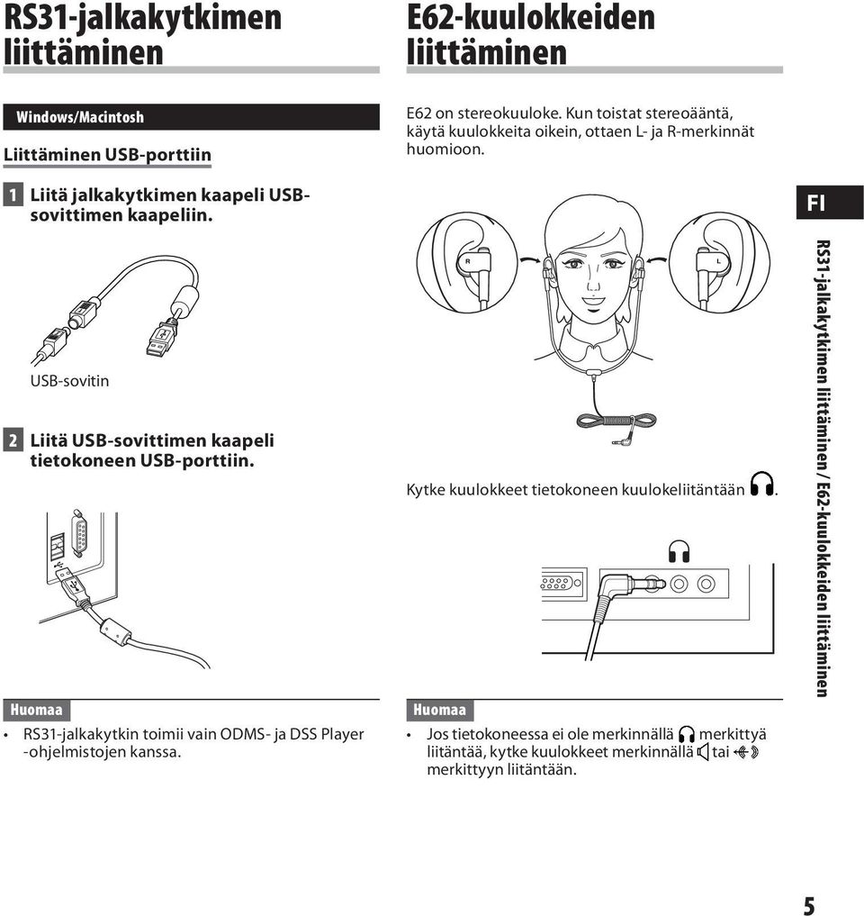 FI USB-sovitin 2 Liitä USB-sovittimen kaapeli tietokoneen USB-porttiin. Huomaa RS31-jalkakytkin toimii vain ODMS- ja DSS Player -ohjelmistojen kanssa.