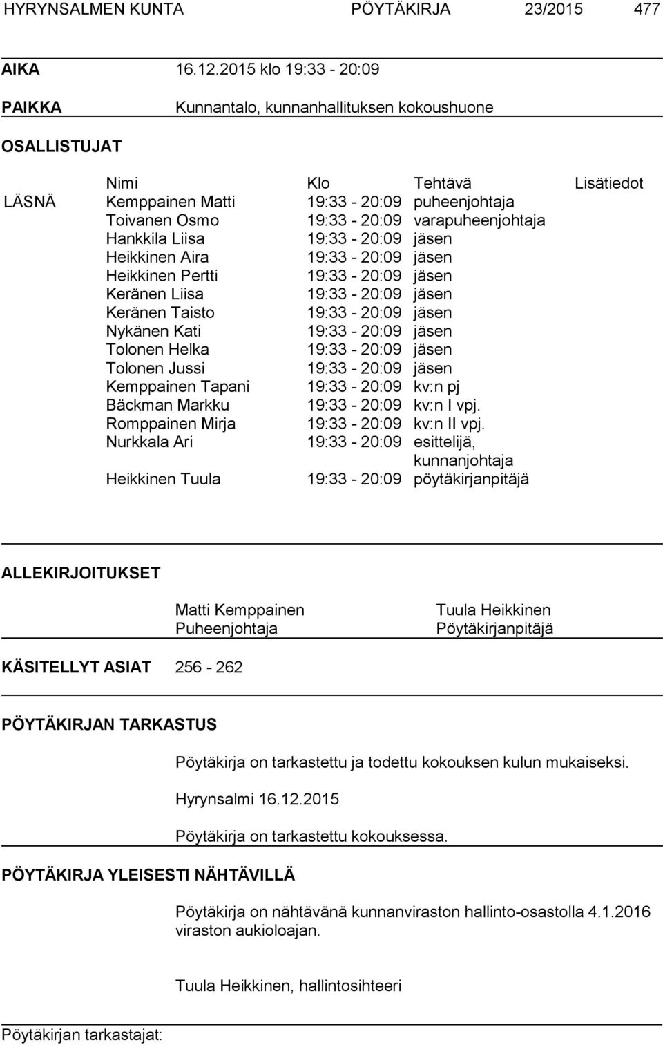 varapuheenjohtaja Hankkila Liisa 19:33-20:09 jäsen Heikkinen Aira 19:33-20:09 jäsen Heikkinen Pertti 19:33-20:09 jäsen Keränen Liisa 19:33-20:09 jäsen Keränen Taisto 19:33-20:09 jäsen Nykänen Kati