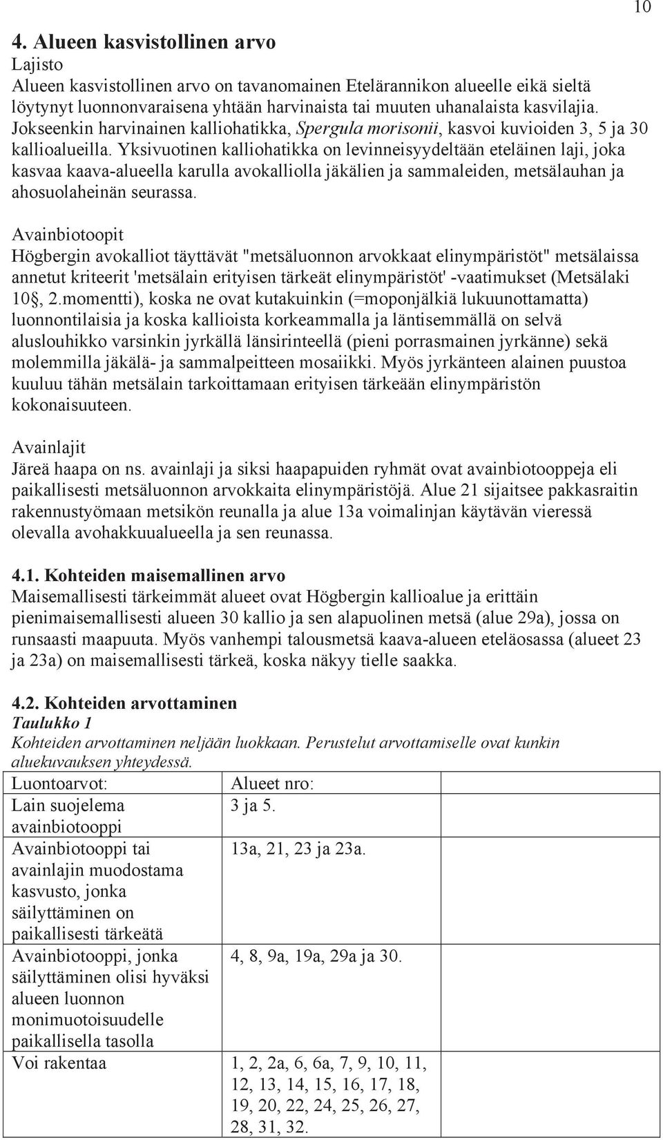 Yksivuotinen kalliohatikka on levinneisyydeltään eteläinen laji, joka kasvaa kaava-alueella karulla avokalliolla jäkälien ja sammaleiden, metsälauhan ja ahosuolaheinän seurassa.