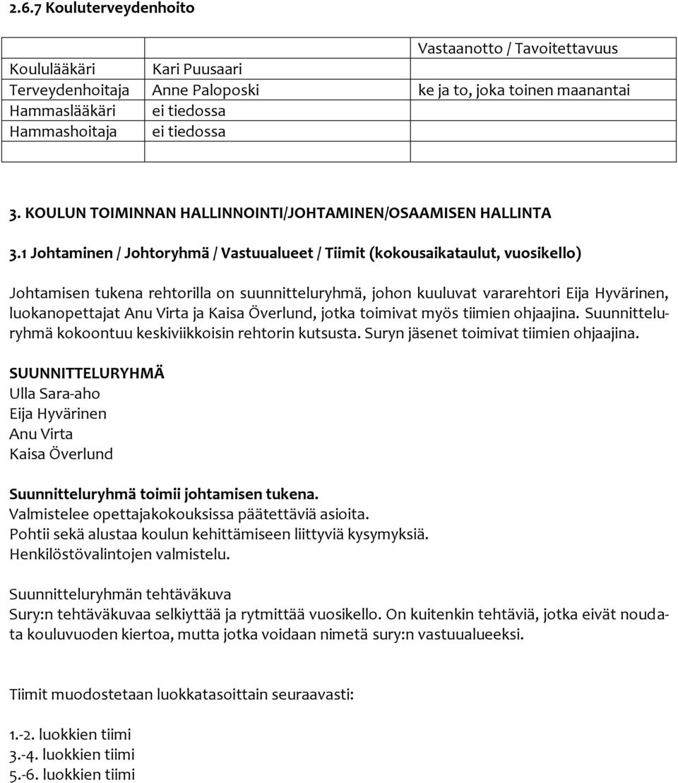 1 Johtaminen / Johtoryhmä / Vastuualueet / Tiimit (kokousaikataulut, vuosikello) Johtamisen tukena rehtorilla on suunnitteluryhmä, johon kuuluvat vararehtori Eija Hyvärinen, luokanopettajat Anu Virta