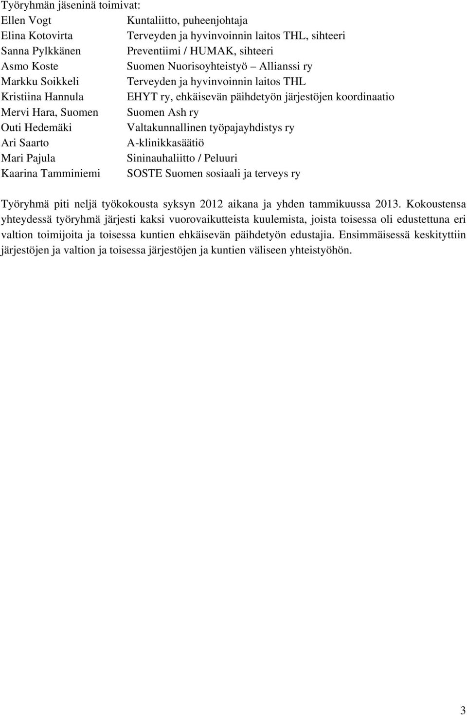 Hedemäki Valtakunnallinen työpajayhdistys ry Ari Saarto A-klinikkasäätiö Mari Pajula Sininauhaliitto / Peluuri Kaarina Tamminiemi SOSTE Suomen sosiaali ja terveys ry Työryhmä piti neljä työkokousta