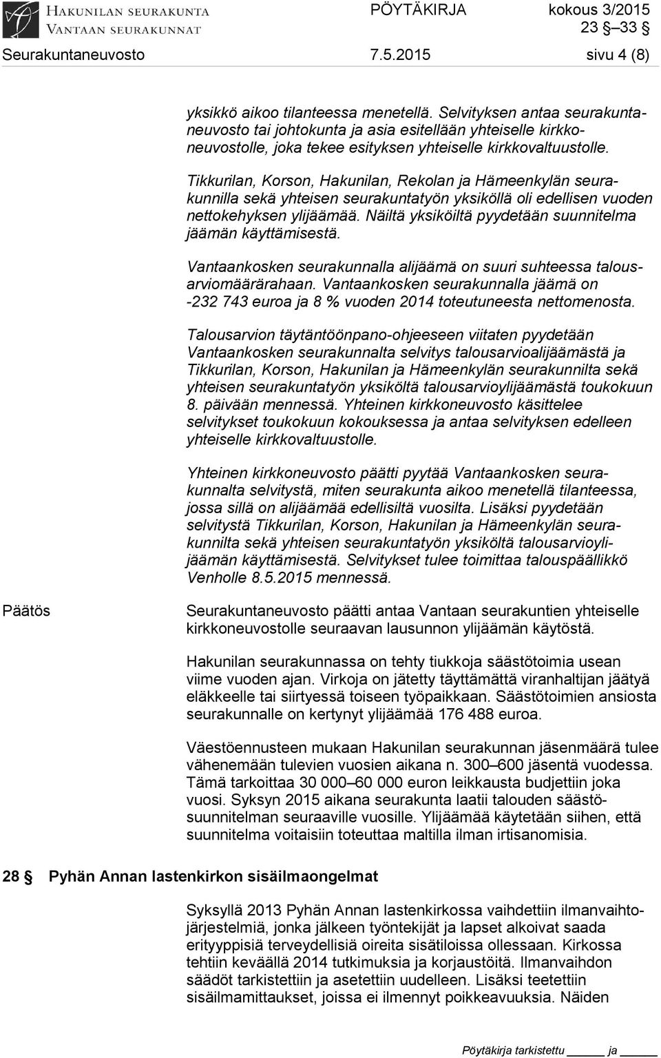 Tikkurilan, Korson, Hakunilan, Rekolan ja Hämeenkylän seurakunnilla sekä yhteisen seurakuntatyön yksiköllä oli edellisen vuoden nettokehyksen ylijäämää.