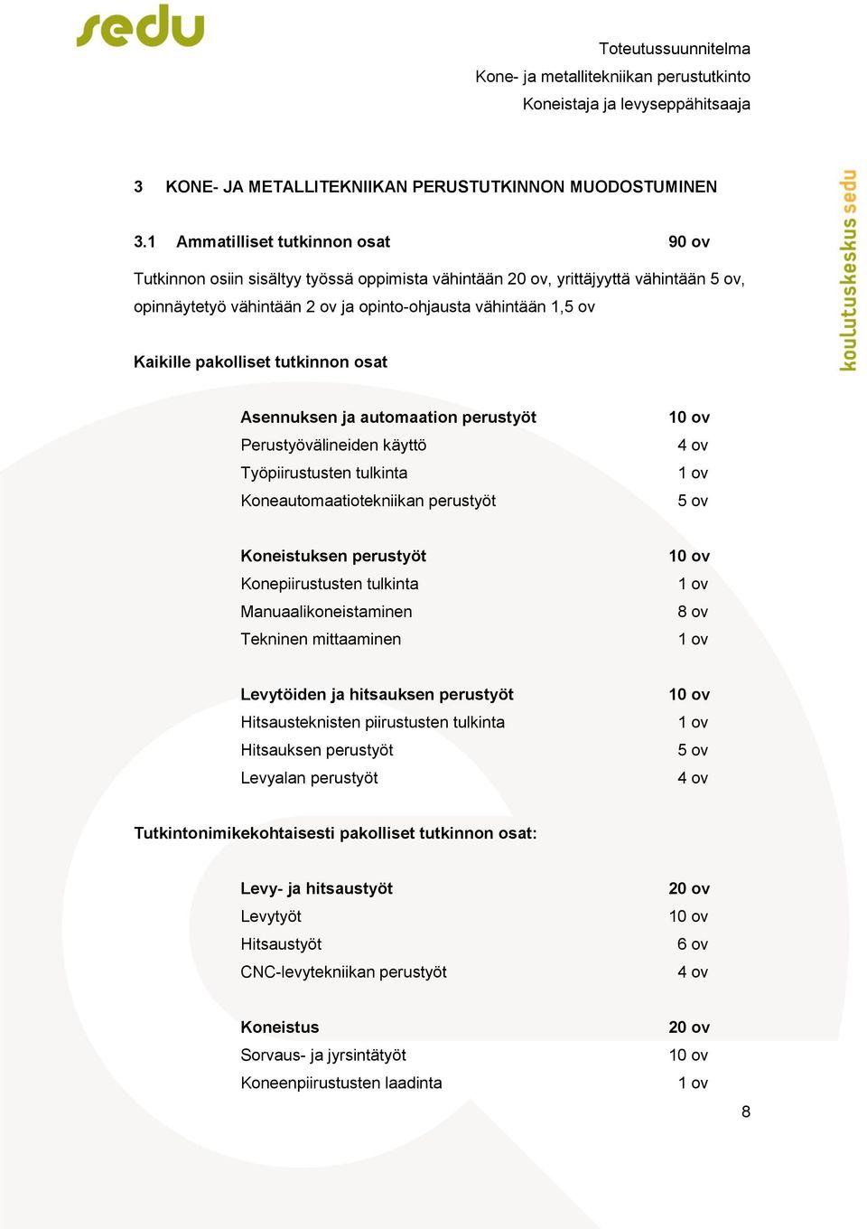 pakolliset tutkinnon osat Asennuksen ja automaation perustyöt Perustyövälineiden käyttö Työpiirustusten tulkinta Koneautomaatiotekniikan perustyöt 10 ov 4 ov 1 ov 5 ov Koneistuksen perustyöt