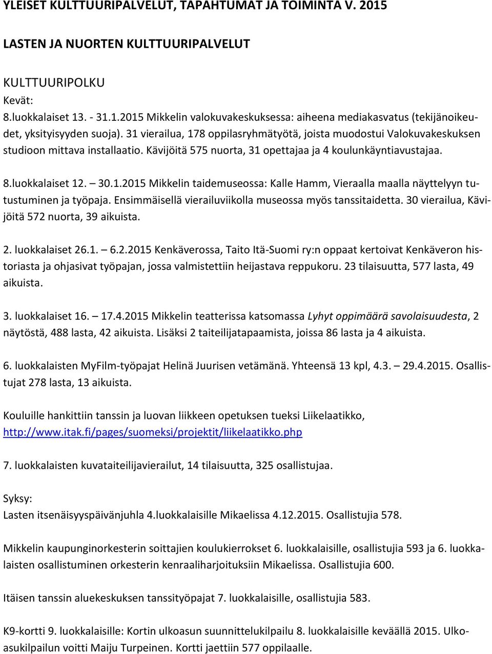 Ensimmäisellä vierailuviikolla museossa myös tanssitaidetta. 30 vierailua, Kävijöitä 572 