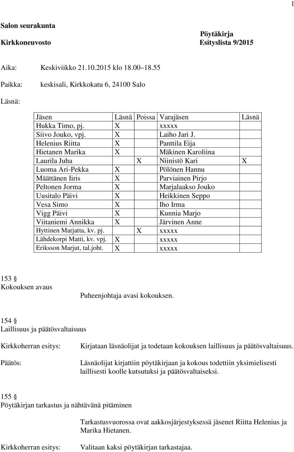 Helenius Riitta X Panttila Eija Hietanen Marika X Mäkinen Karoliina Laurila Juha X Niinistö Kari X Luoma Ari-Pekka X Pölönen Hannu Määttänen Iiris X Parviainen Pirjo Peltonen Jorma X Marjalaakso