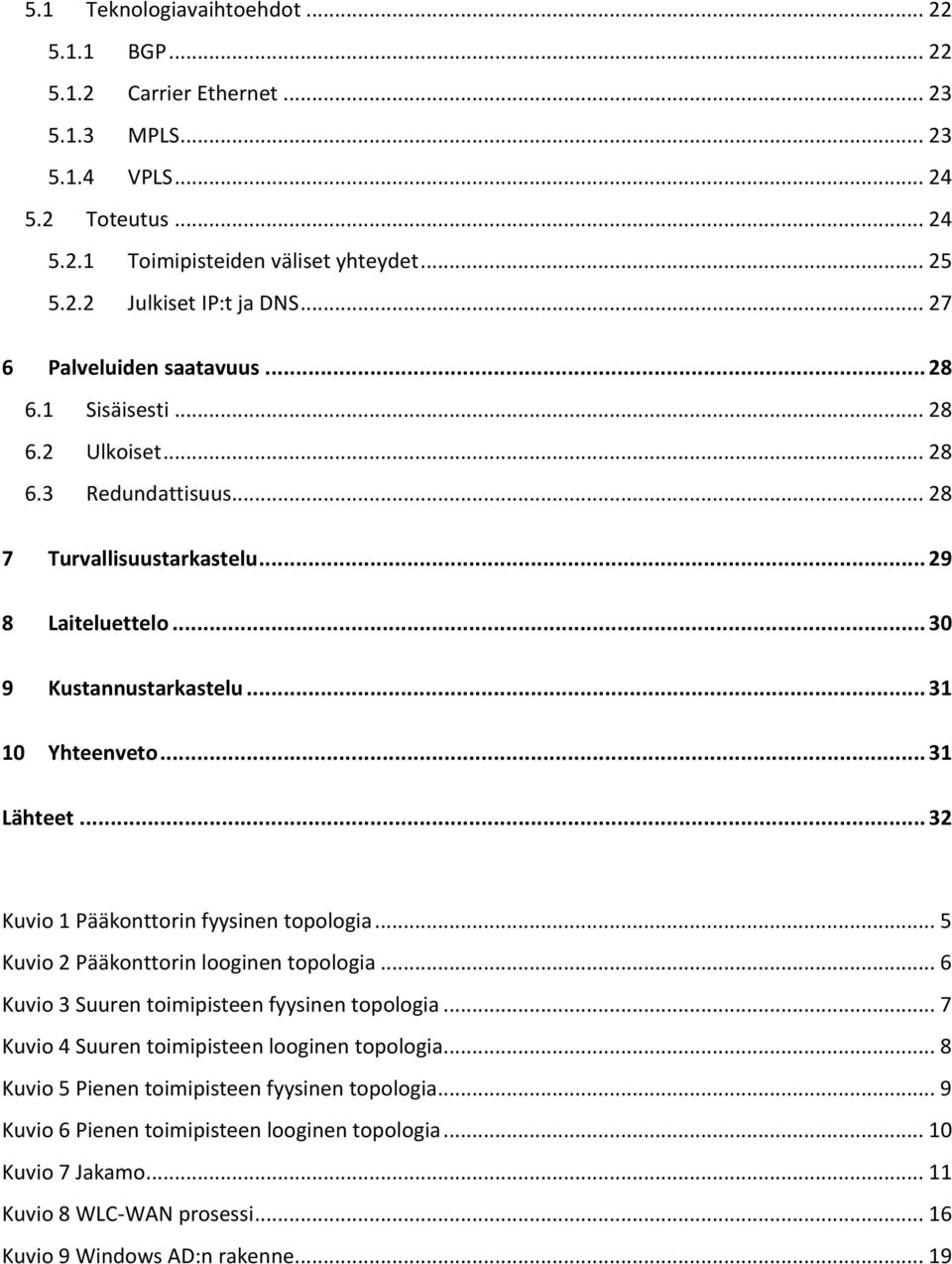 .. 31 Lähteet... 32 Kuvio 1 Pääkonttorin fyysinen topologia... 5 Kuvio 2 Pääkonttorin looginen topologia... 6 Kuvio 3 Suuren toimipisteen fyysinen topologia.