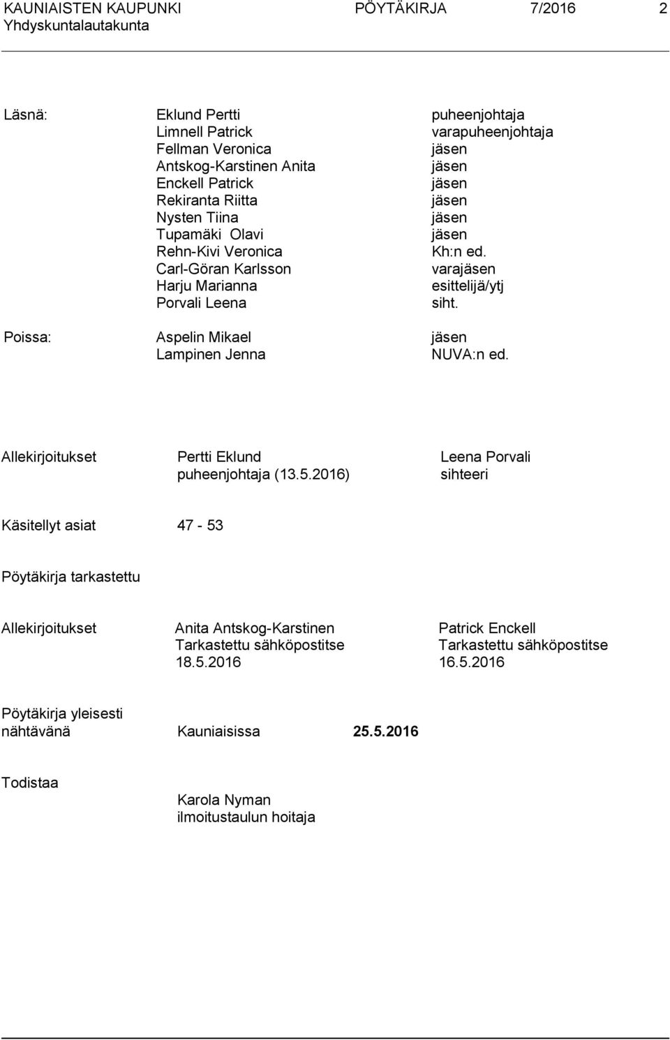 Poissa: Aspelin Mikael jäsen Lampinen Jenna NUVA:n ed. Allekirjoitukset Pertti Eklund Leena Porvali puheenjohtaja (13.5.