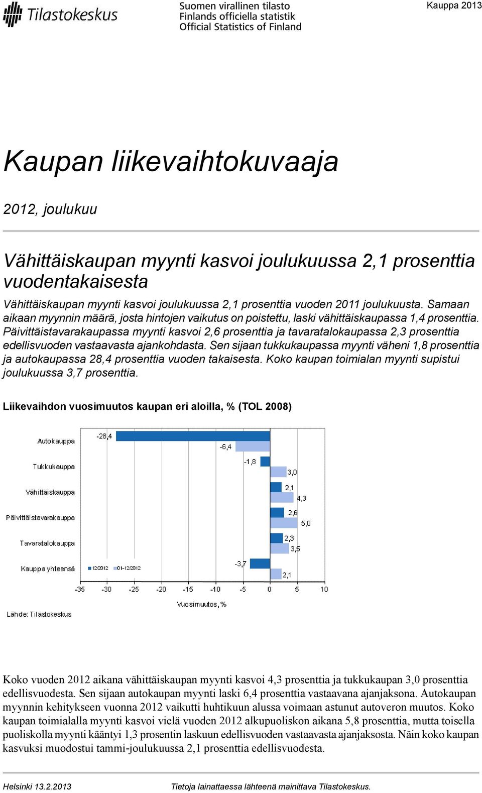 Päivittäistavarakaupassa myynti kasvoi 2,6 prosenttia ja tavaratalokaupassa 2,3 prosenttia edellisvuoden vastaavasta ajankohdasta.