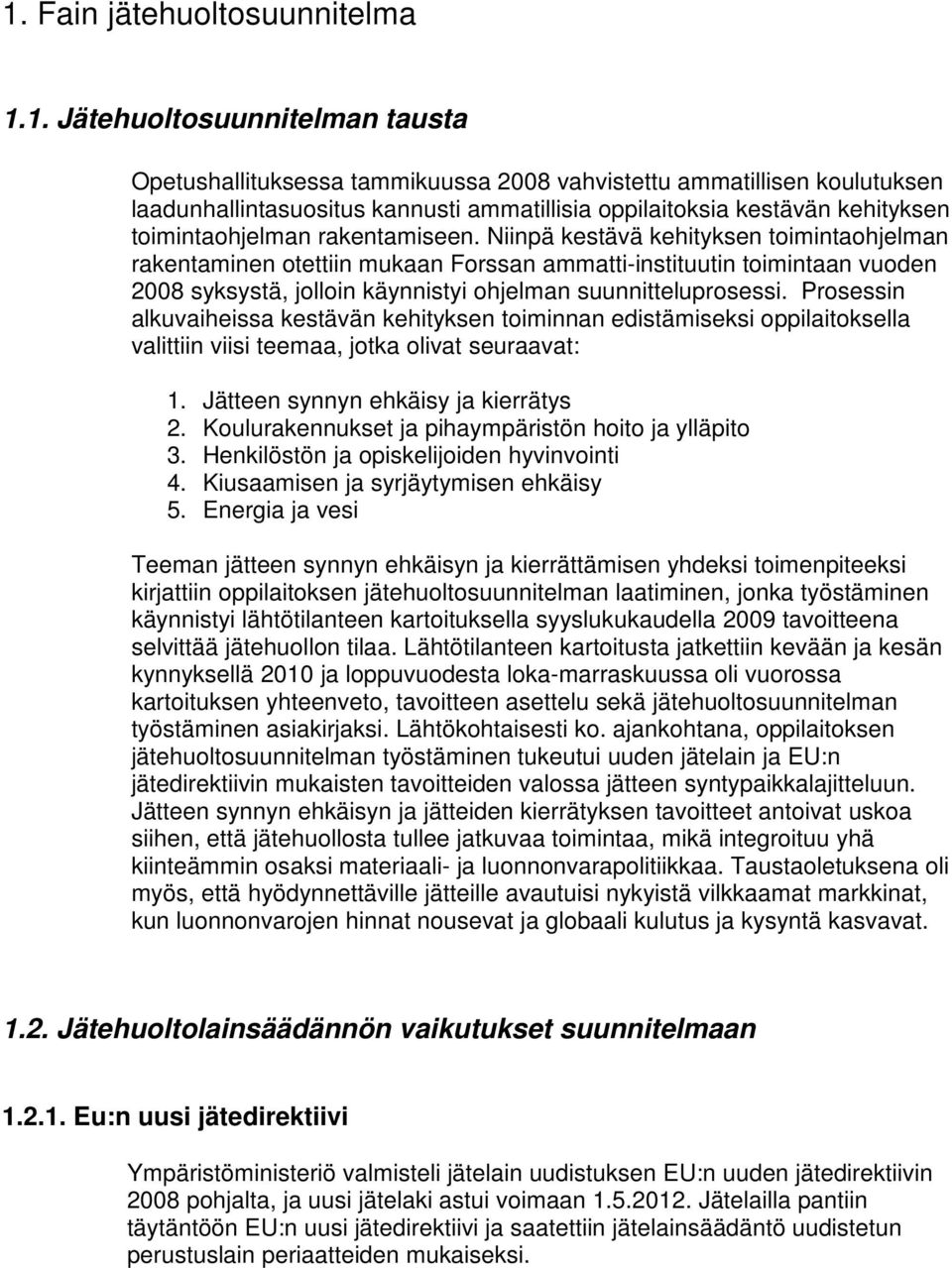 Niinpä kestävä kehityksen toimintaohjelman rakentaminen otettiin mukaan Forssan ammatti-instituutin toimintaan vuoden 2008 syksystä, jolloin käynnistyi ohjelman suunnitteluprosessi.