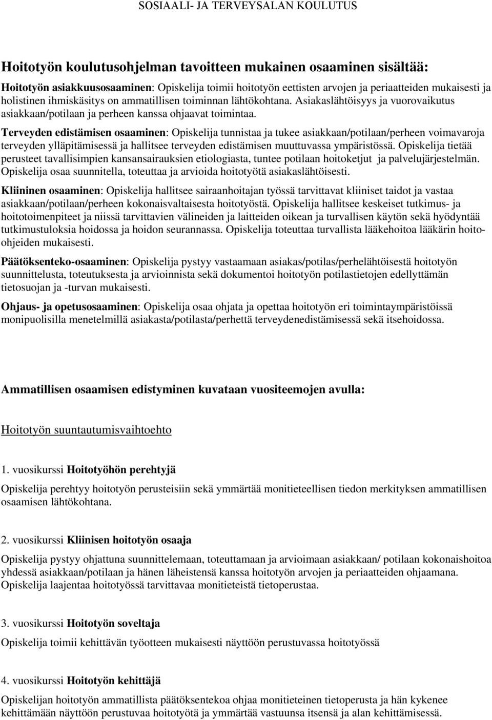 Terveyden edistämisen osaaminen: Opiskelija tunnistaa ja tukee asiakkaan/potilaan/perheen voimavaroja terveyden ylläpitämisessä ja hallitsee terveyden edistämisen muuttuvassa ympäristössä.