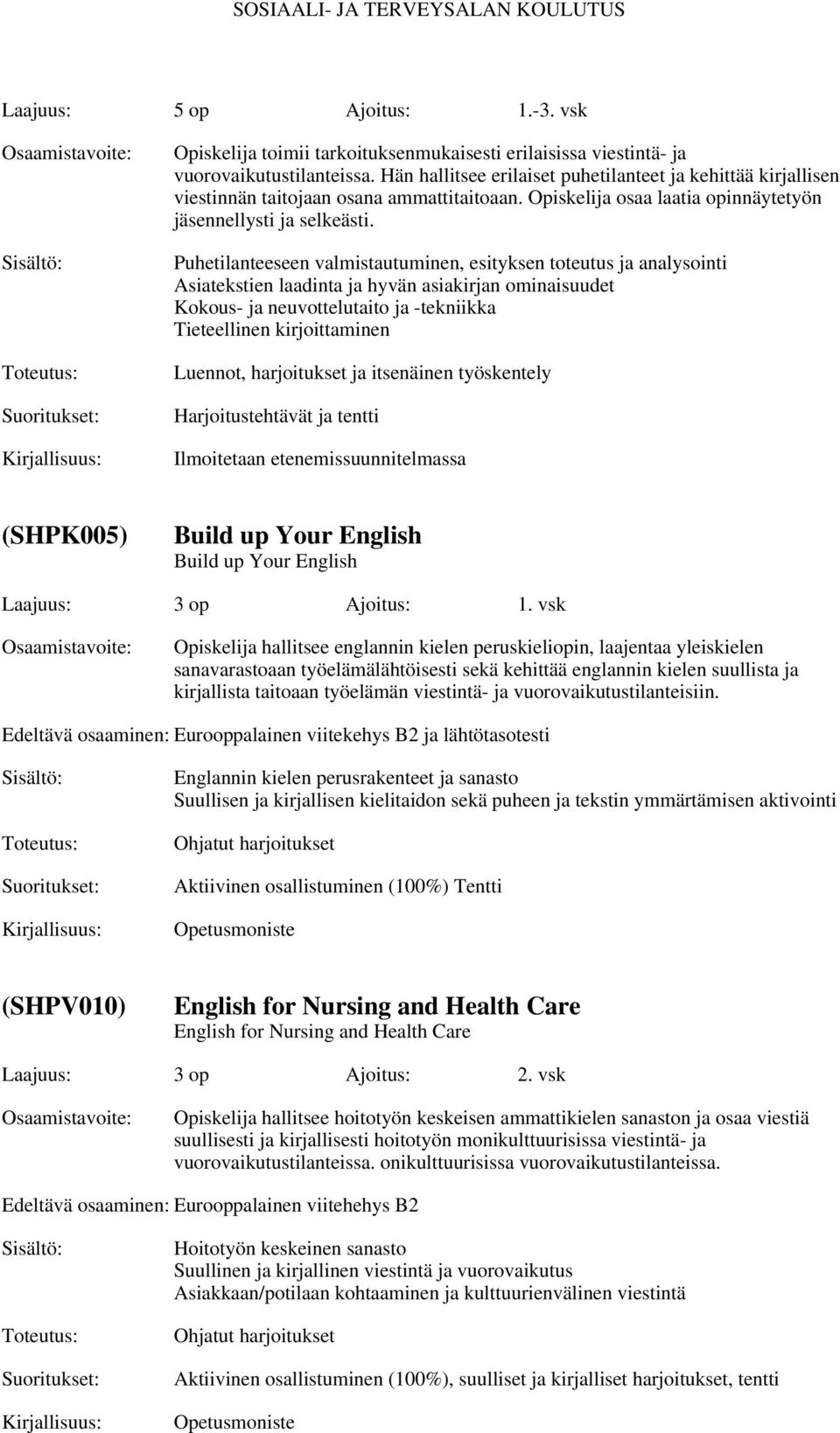 Puhetilanteeseen valmistautuminen, esityksen toteutus ja analysointi Asiatekstien laadinta ja hyvän asiakirjan ominaisuudet Kokous- ja neuvottelutaito ja -tekniikka Tieteellinen kirjoittaminen