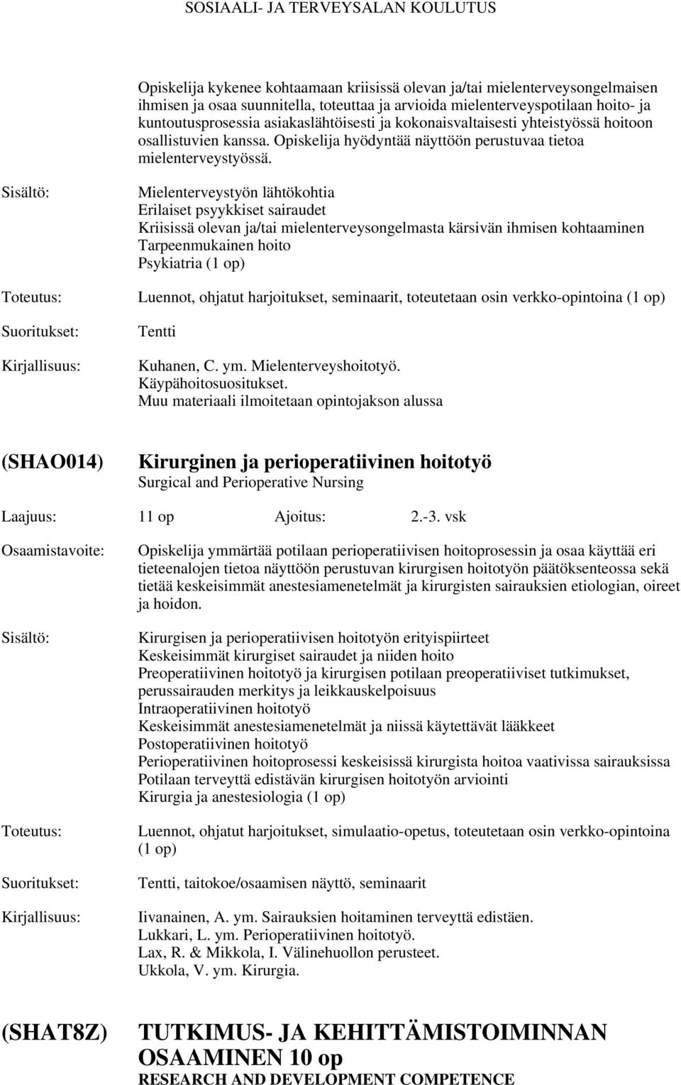 Mielenterveystyön lähtökohtia Erilaiset psyykkiset sairaudet Kriisissä olevan ja/tai mielenterveysongelmasta kärsivän ihmisen kohtaaminen Tarpeenmukainen hoito Psykiatria (1 op) Luennot, ohjatut