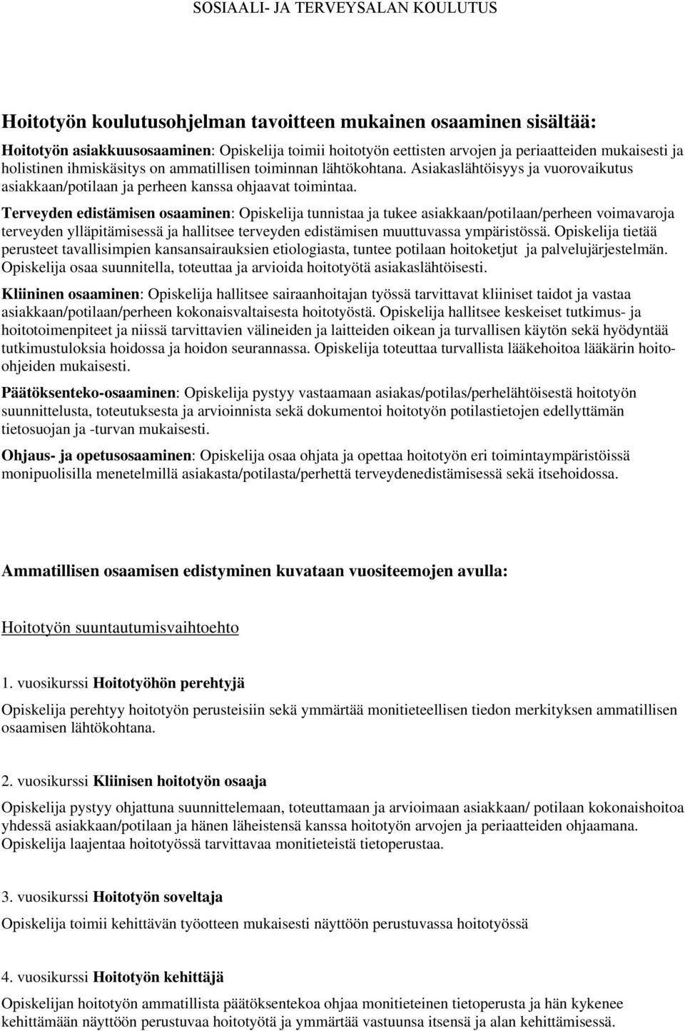 Terveyden edistämisen osaaminen: Opiskelija tunnistaa ja tukee asiakkaan/potilaan/perheen voimavaroja terveyden ylläpitämisessä ja hallitsee terveyden edistämisen muuttuvassa ympäristössä.