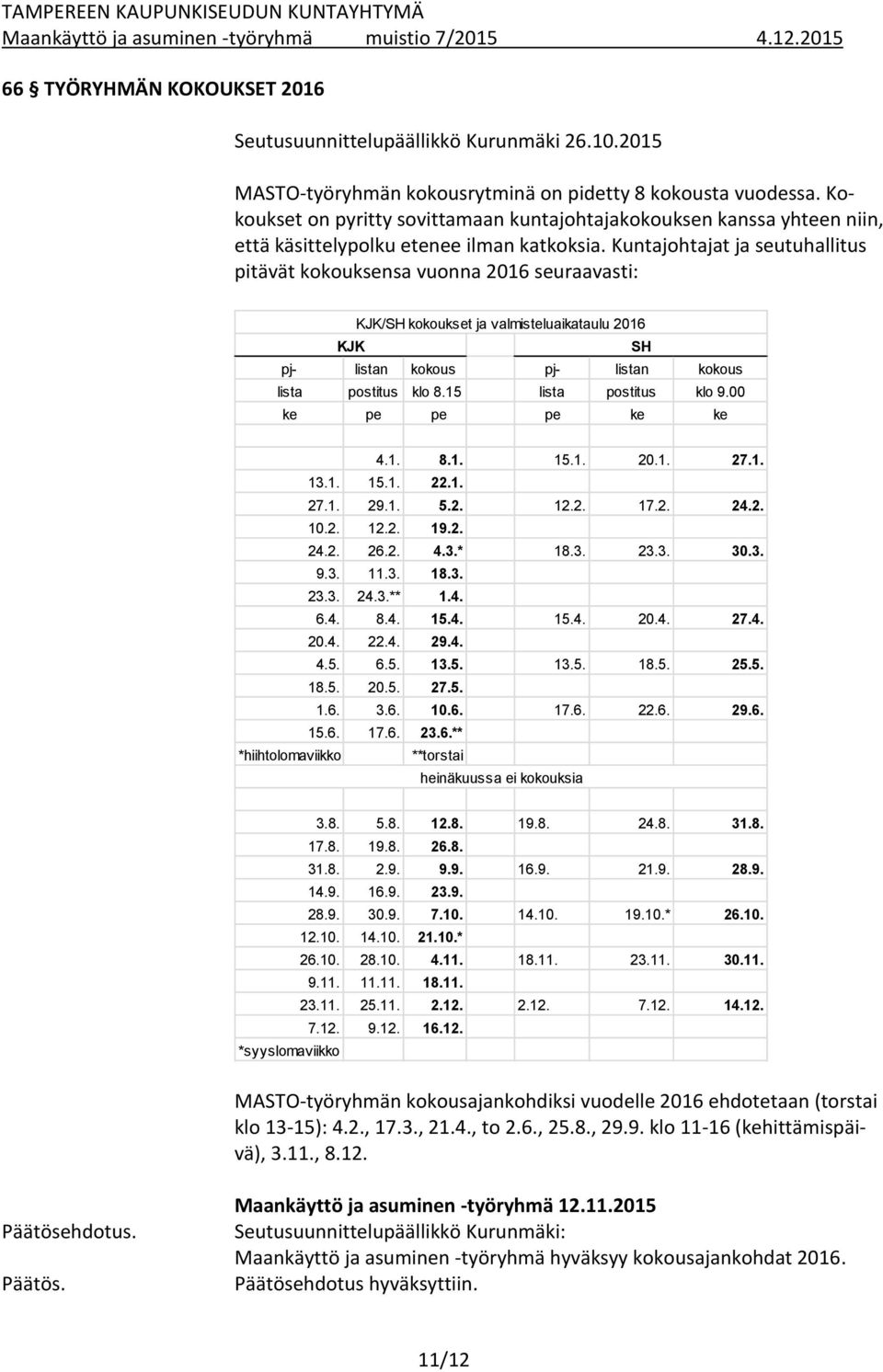 Kuntajohtajat ja seutuhallitus pitävät kokouksensa vuonna 2016 seuraavasti: KJK/SH kokoukset ja valmisteluaikataulu 2016 KJK SH pj- listan kokous pj- listan kokous lista postitus klo 8.