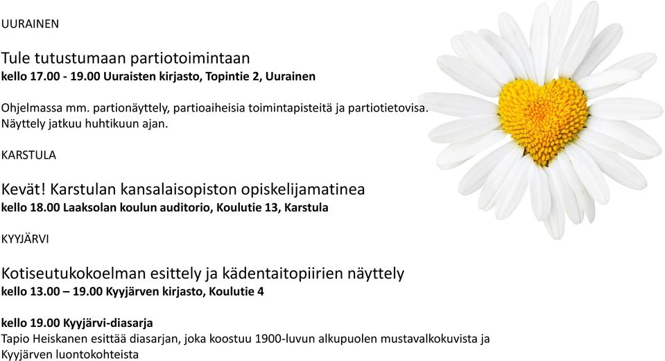 Karstulan kansalaisopiston opiskelijamatinea kello 18.
