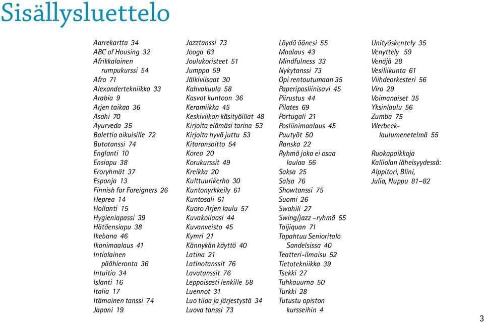 Islanti 16 Italia 17 Itämainen tanssi 74 Japani 19 Jazztanssi 73 Jooga 63 Joulukoristeet 51 Jumppa 59 Jälkiviisaat 30 Kahvakuula 58 Kasvot kuntoon 36 Keramiikka 45 Keskiviikon käsityöillat 48