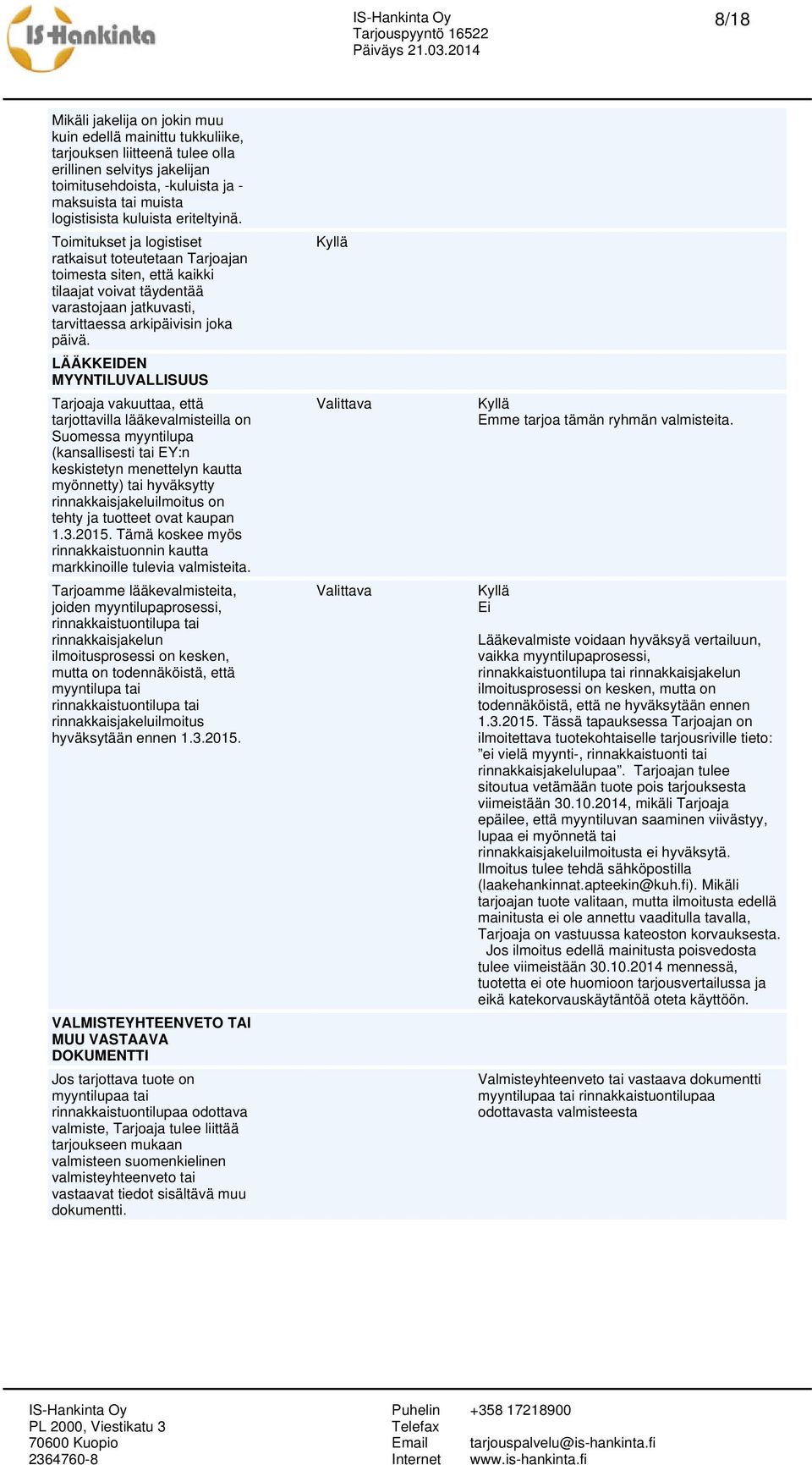 LÄÄKKEIDEN MYYNTILUVALLISUUS Tarjoaja vakuuttaa, että tarjottavilla lääkevalmisteilla on Suomessa myyntilupa (kansallisesti tai EY:n keskistetyn menettelyn kautta myönnetty) tai hyväksytty