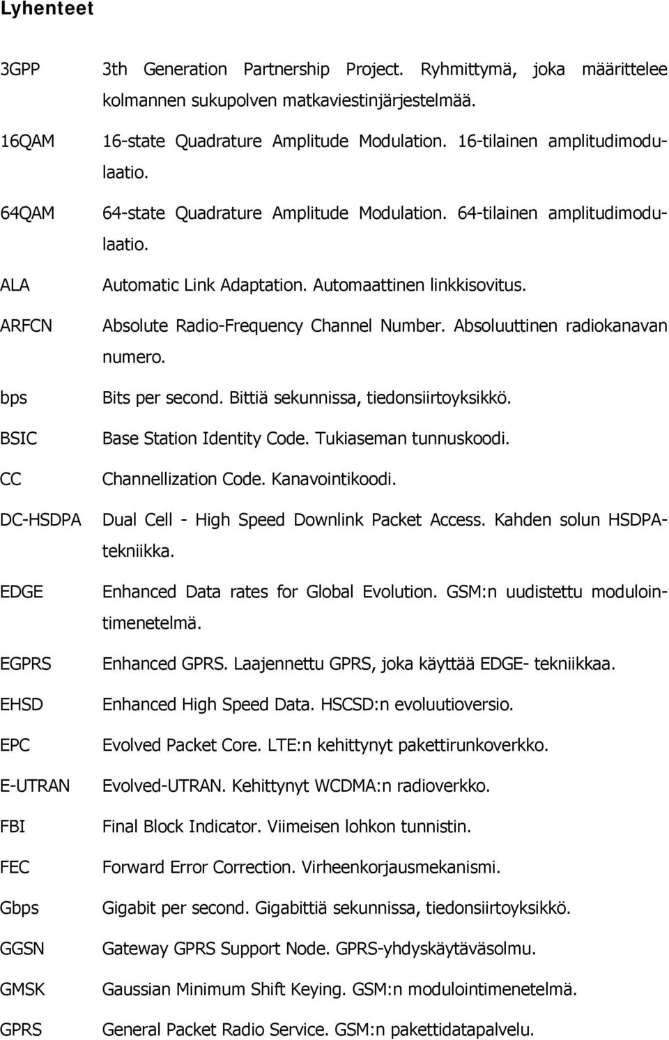 Automaattinen linkkisovitus. Absolute Radio-Frequency Channel Number. Absoluuttinen radiokanavan numero. Bits per second. Bittiä sekunnissa, tiedonsiirtoyksikkö. Base Station Identity Code.