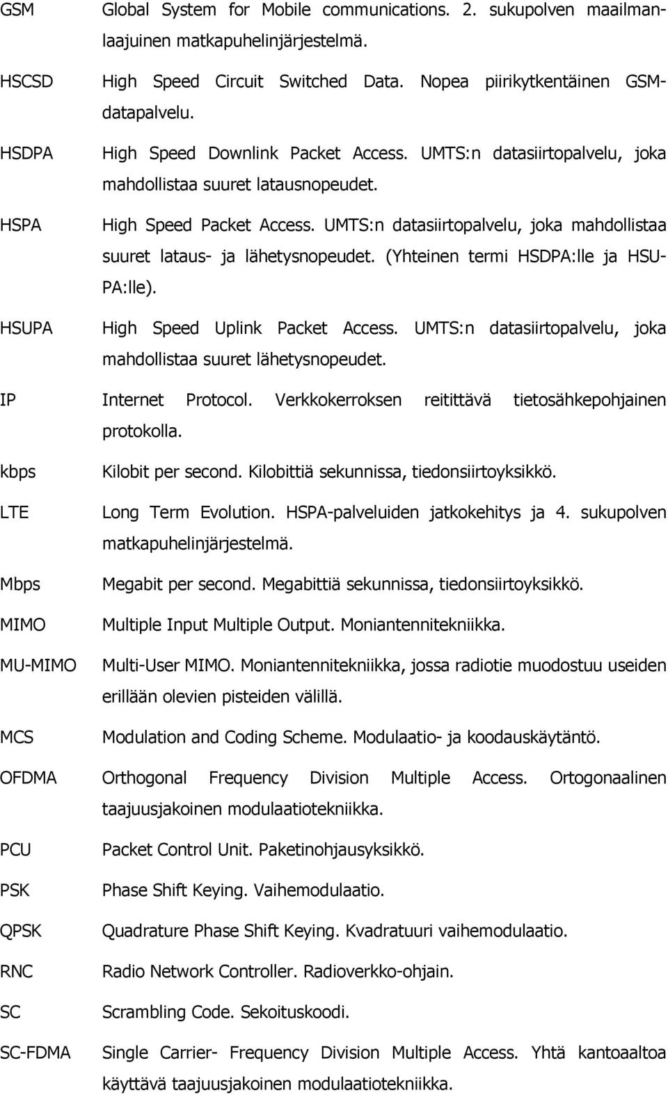 UMTS:n datasiirtopalvelu, joka mahdollistaa suuret lataus- ja lähetysnopeudet. (Yhteinen termi HSDPA:lle ja HSU- PA:lle). High Speed Uplink Packet Access.