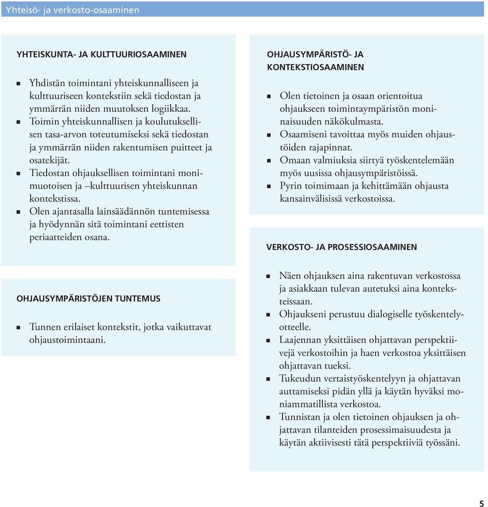 n Tiedostan ohjauksellisen toimintani monimuotoisen ja kulttuurisen yhteiskunnan kontekstissa. n Olen ajantasalla lainsäädännön tuntemisessa ja hyödynnän sitä toimintani eettisten periaatteiden osana.