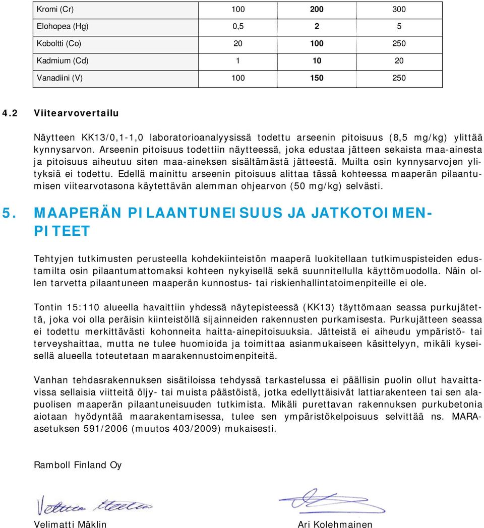 Arseenin pitoisuus todettiin näytteessä, joka edustaa jätteen sekaista maa-ainesta ja pitoisuus aiheutuu siten maa-aineksen sisältämästä jätteestä. Muilta osin kynnysarvojen ylityksiä ei todettu.