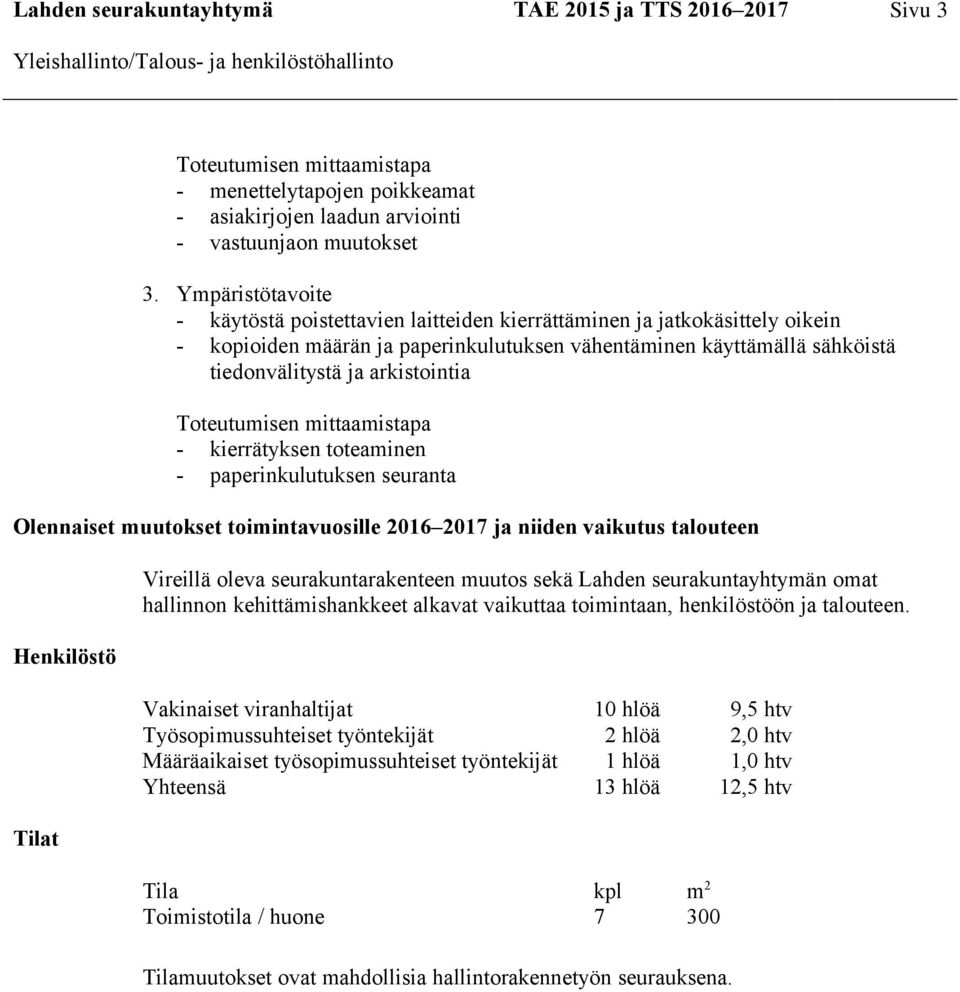 - kierrätyksen toteaminen - paperinkulutuksen seuranta Olennaiset muutokset toimintavuosille 2016 2017 ja niiden vaikutus talouteen Henkilöstö Vireillä oleva seurakuntarakenteen muutos sekä Lahden