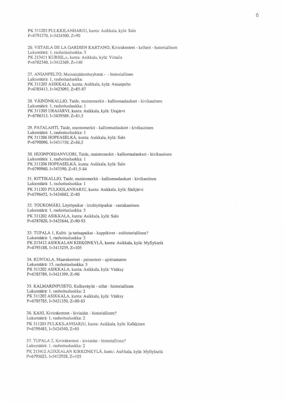 , rauhoitusluokka: PK 31 1202 ASIKKALA, kunta: Asikkala, kylä: Anianpelto P=6785413, 1=3423093, 2=85-87 28.