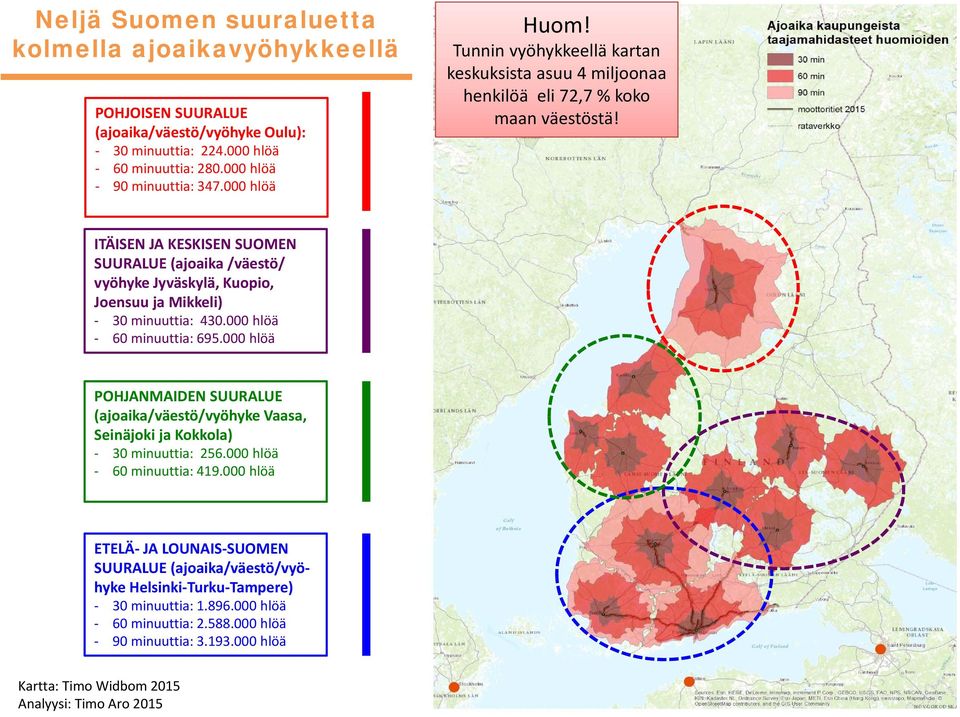 ITÄISEN JA KESKISEN SUOMEN SUURALUE (ajoaika /väestö/ vyöhyke Jyväskylä, Kuopio, Joensuu ja Mikkeli) 30 minuuttia: 430.000 hlöä 60 minuuttia: 695.