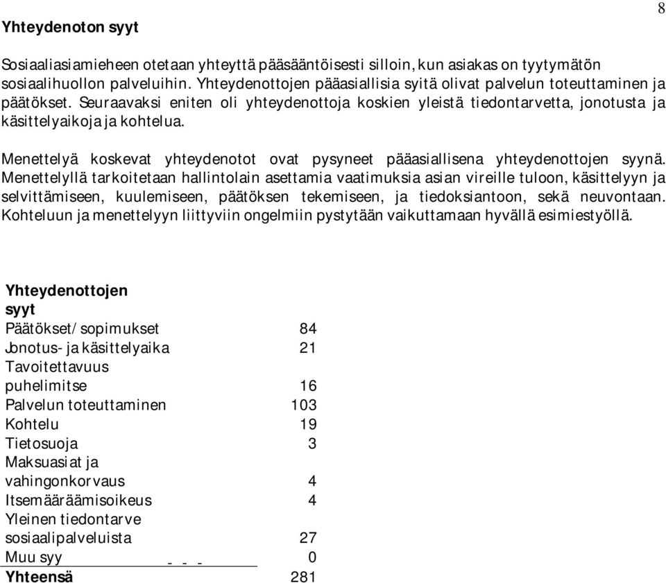 Menettelyä koskevat yhteydenotot ovat pysyneet pääasiallisena yhteydenottojen syynä.