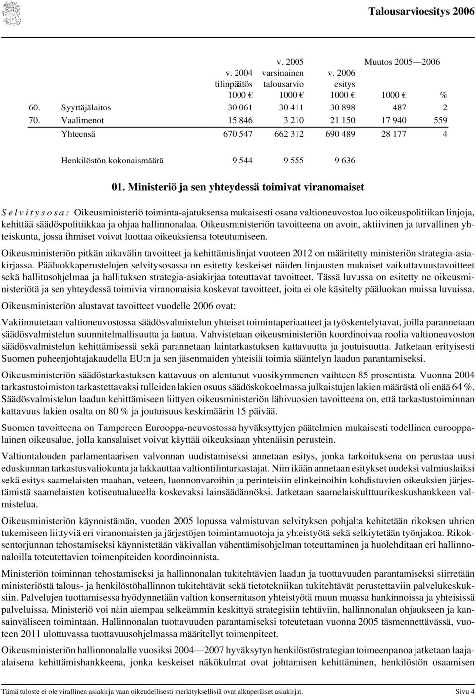 Ministeriö ja sen yhteydessä toimivat viranomaiset S e l v i t y s o s a : Oikeusministeriö toiminta-ajatuksensa mukaisesti osana valtioneuvostoa luo oikeuspolitiikan linjoja, kehittää