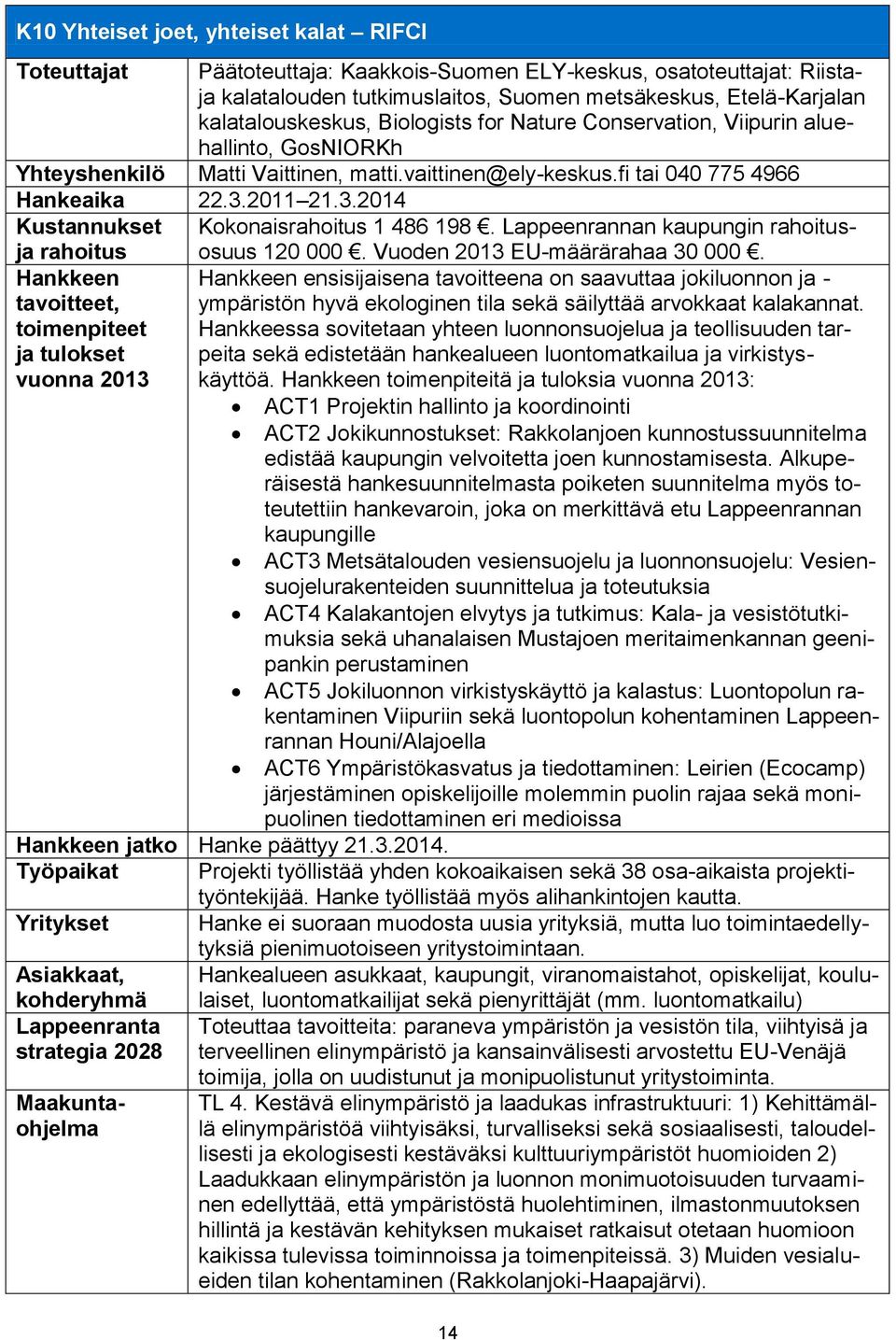 2011 21.3.2014 Kustannukset Kokonaisrahoitus 1 486 198. Lappeenrannan kaupungin rahoitus- osuus 120 000. Vuoden 2013 EU-määrärahaa 30 000.