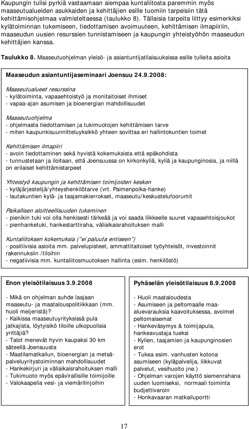 kehittäjien kanssa. Taulukko 8. Maaseutuohjelman yleisö- ja asiantuntijatilaisuuksissa esille tulleita asioita Maaseudun asiantuntijaseminaari Joensuu 24.9.