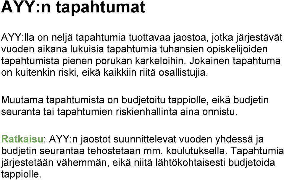 Muutama tapahtumista on budjetoitu tappiolle, eikä budjetin seuranta tai tapahtumien riskienhallinta aina onnistu.