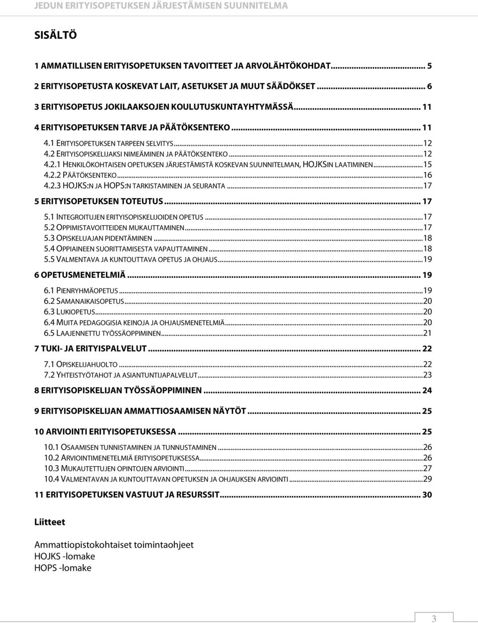 .. 15 4.2.2 PÄÄTÖKSENTEKO... 16 4.2.3 HOJKS:N JA HOPS:N TARKISTAMINEN JA SEURANTA... 17 5 ERITYISOPETUKSEN TOTEUTUS... 17 5.1 INTEGROITUJEN ERITYISOPISKELIJOIDEN OPETUS... 17 5.2 OPPIMISTAVOITTEIDEN MUKAUTTAMINEN.