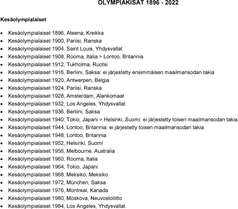 Belgia Kesäolympialaiset 1924, Pariisi, Ranska Kesäolympialaiset 1928, Amsterdam, Alankomaat Kesäolympialaiset 1932, Los Angeles, Yhdysvallat Kesäolympialaiset 1936, Berliini, Saksa Kesäolympialaiset