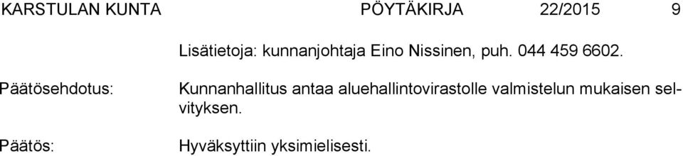 Kunnanhallitus antaa aluehallintovirastolle