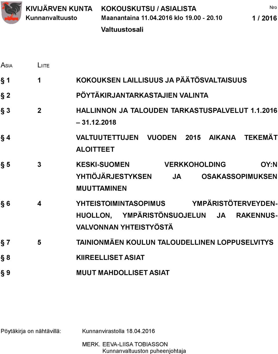 12.2018 4 VALTUUTETTUJEN VUODEN 2015 AIKANA TEKEMÄT ALOITTEET 5 3 KESKI-SUOMEN VERKKOHOLDING OY:N YHTIÖJÄRJESTYKSEN JA OSAKASSOPIMUKSEN MUUTTAMINEN 6 4