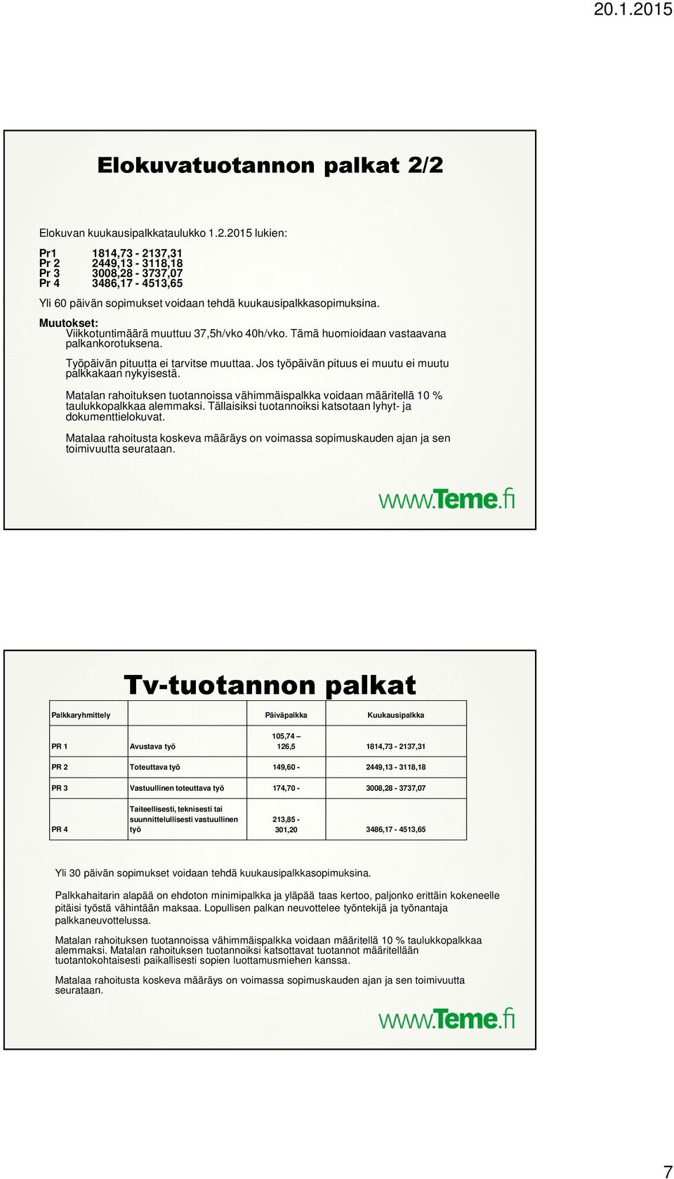 Jos työpäivän pituus ei muutu ei muutu palkkakaan nykyisestä. Matalan rahoituksen tuotannoissa vähimmäispalkka voidaan määritellä 10 % taulukkopalkkaa alemmaksi.