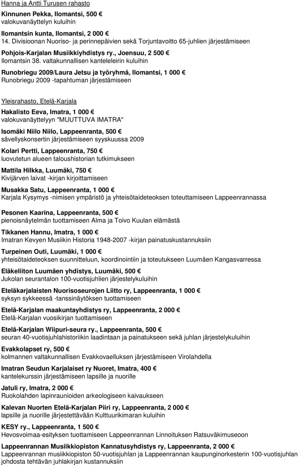 valtakunnallisen kanteleleirin kuluihin Runobriegu 2009/Laura Jetsu ja työryhmä, Ilomantsi, 1 000 Runobriegu 2009 -tapahtuman järjestämiseen Yleisrahasto, Etelä-Karjala Hakalisto Eeva, Imatra, 1 000