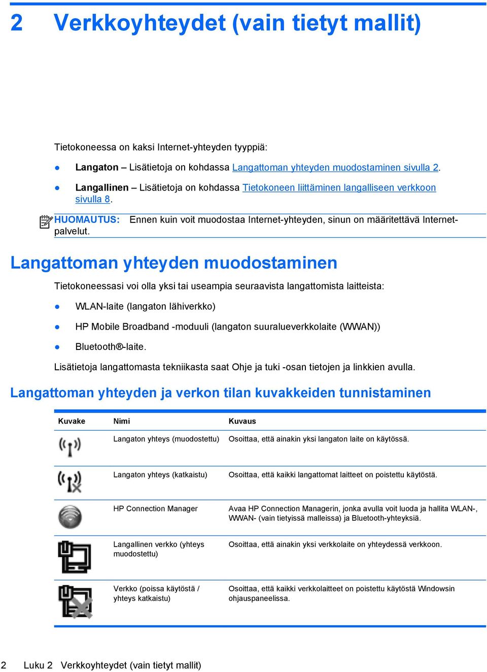 Langattoman yhteyden muodostaminen Tietokoneessasi voi olla yksi tai useampia seuraavista langattomista laitteista: WLAN-laite (langaton lähiverkko) HP Mobile Broadband -moduuli (langaton