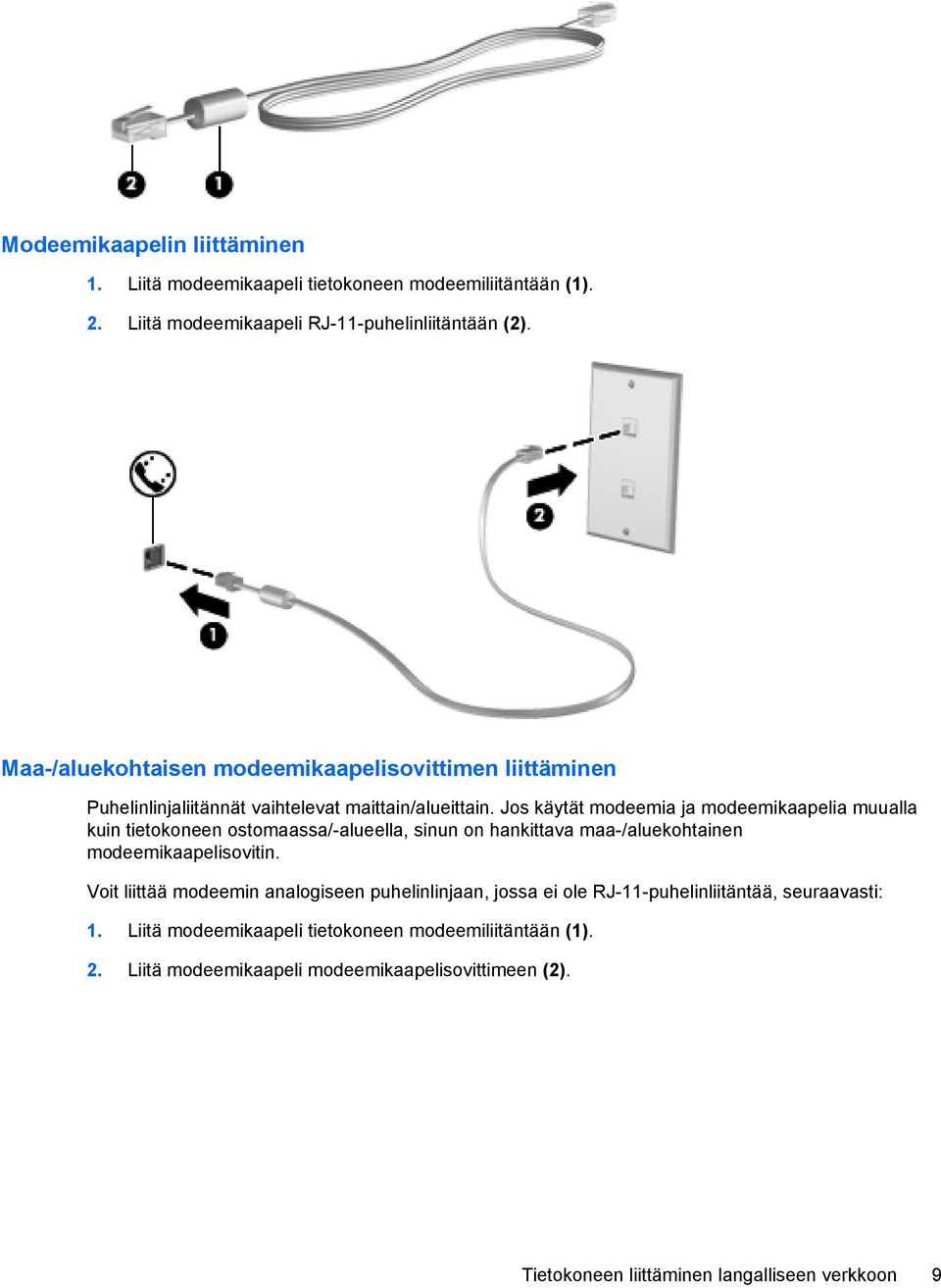 Jos käytät modeemia ja modeemikaapelia muualla kuin tietokoneen ostomaassa/-alueella, sinun on hankittava maa-/aluekohtainen modeemikaapelisovitin.