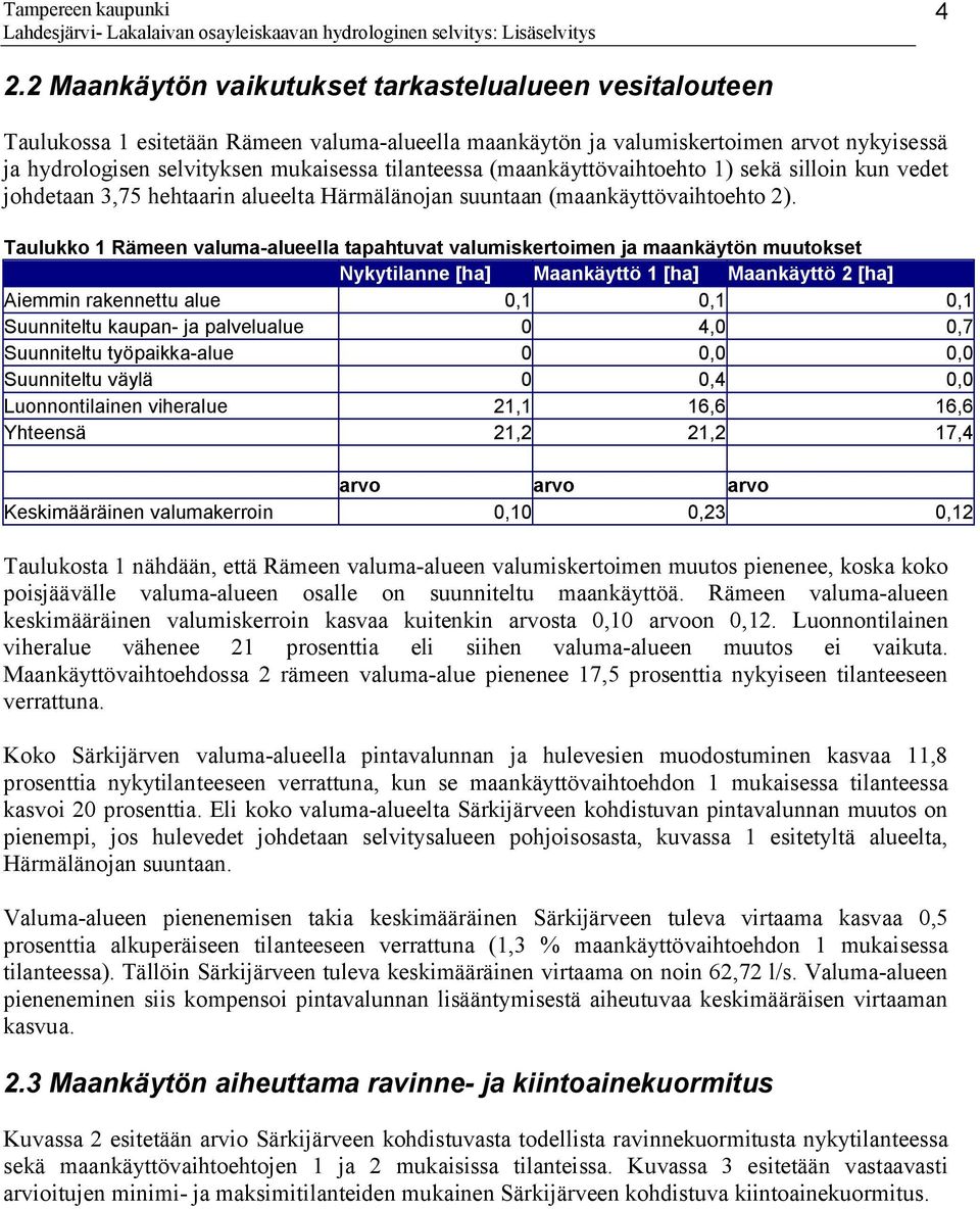 Taulukko 1 Rämeen valuma alueella tapahtuvat valumiskertoimen ja maankäytön muutokset Nykytilanne [ha] Maankäyttö 1 [ha] Maankäyttö 2 [ha] Aiemmin rakennettu alue 0,1 0,1 0,1 Suunniteltu kaupan ja