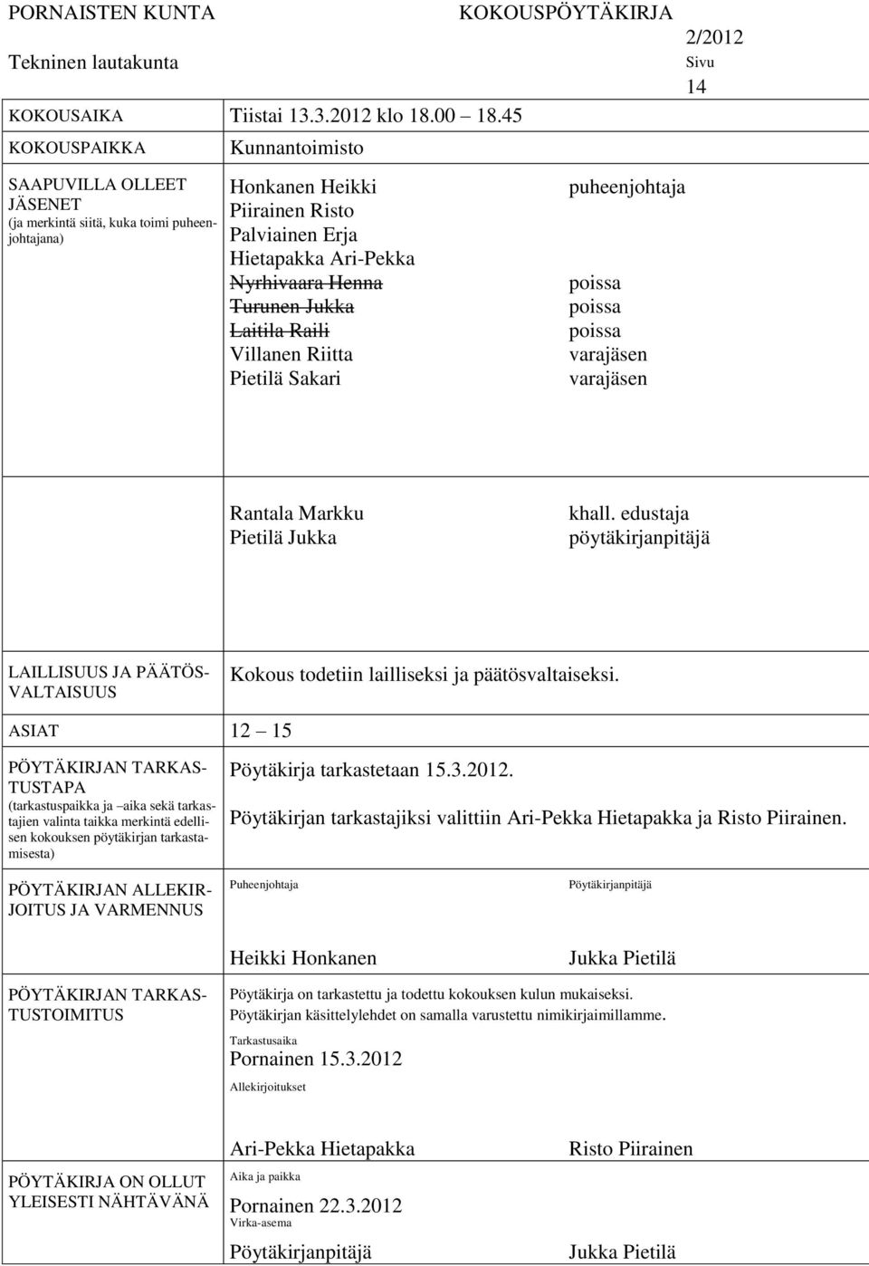 Jukka Laitila Raili Villanen Riitta Pietilä Sakari KOKOUSPÖYTÄKIRJA puheenjohtaja poissa poissa poissa varajäsen varajäsen 2/2012 Sivu 14 Rantala Markku Pietilä Jukka khall.