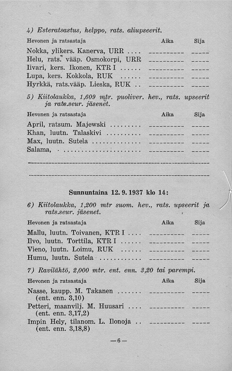 .. Salama, Sunnuntaina 12. 9.1937 klo 14: 6) Kiitolaukka, 1,200 mtr suom. hev., rats. upseerit ja rats.seur. jäsenet. Mallu, luutn. Toivanen, KTR I livo, luutn. Torttila, KTR I Vieno, luutn.