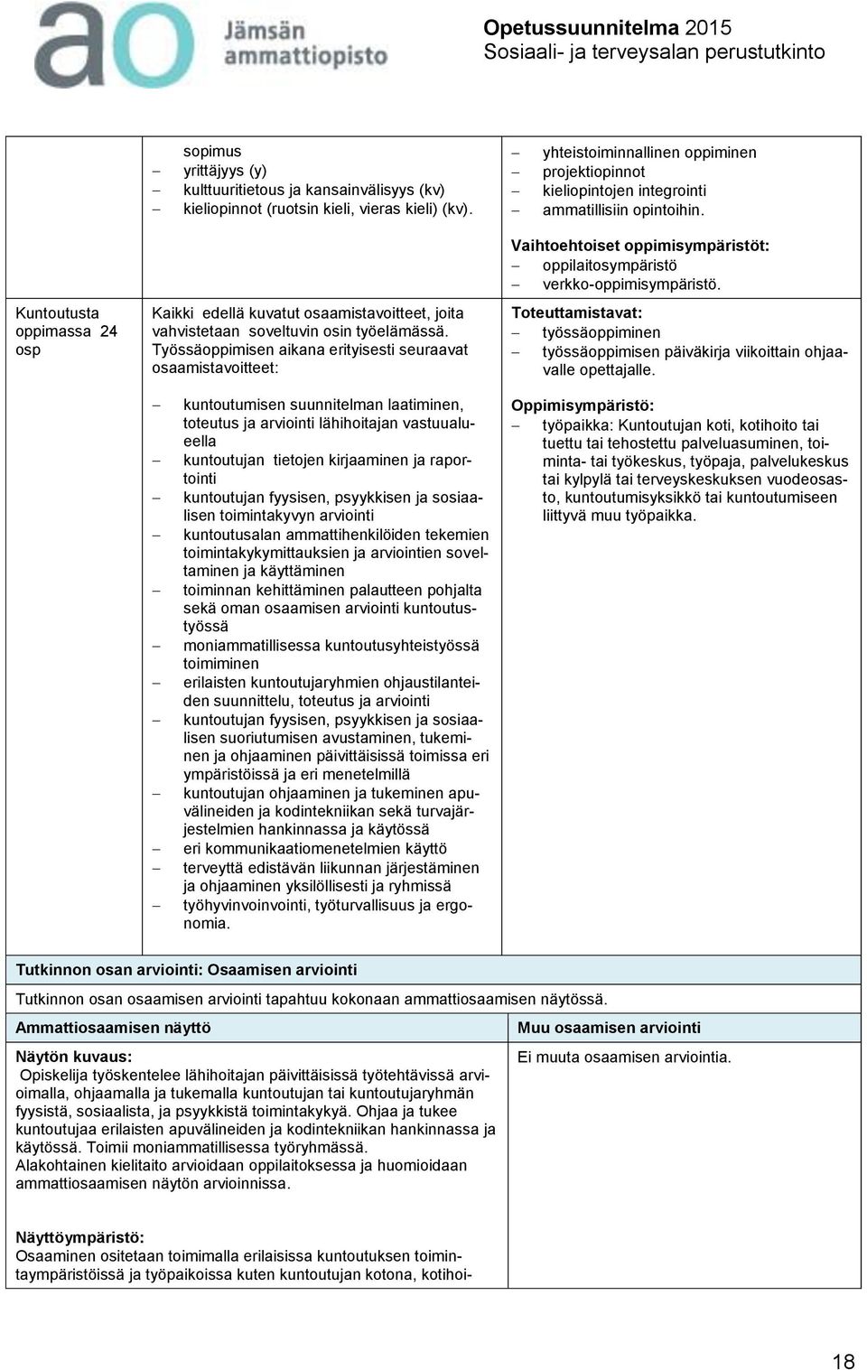 Kuntoutusta oppimassa 24 osp Kaikki edellä kuvatut osaamistavoitteet, joita vahvistetaan soveltuvin osin työelämässä.