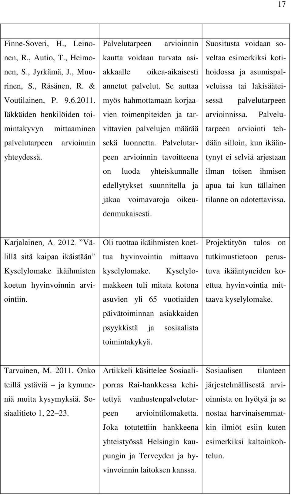 Se auttaa myös hahmottamaan korjaavien toimenpiteiden ja tarvittavien palvelujen määrää sekä luonnetta.