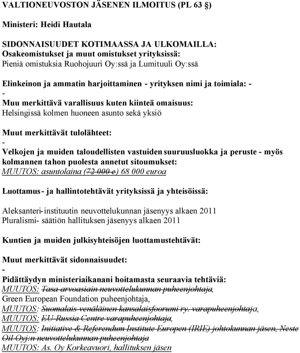 neuvottelukunnan jäsenyys alkaen 2011 Pluralismi säätiön hallituksen jäsenyys alkaen 2011 MUUTOS: Tasaarvoasiain neuvottelukunnan puheenjohtaja, Green European Foundation puheenjohtaja, MUUTOS: