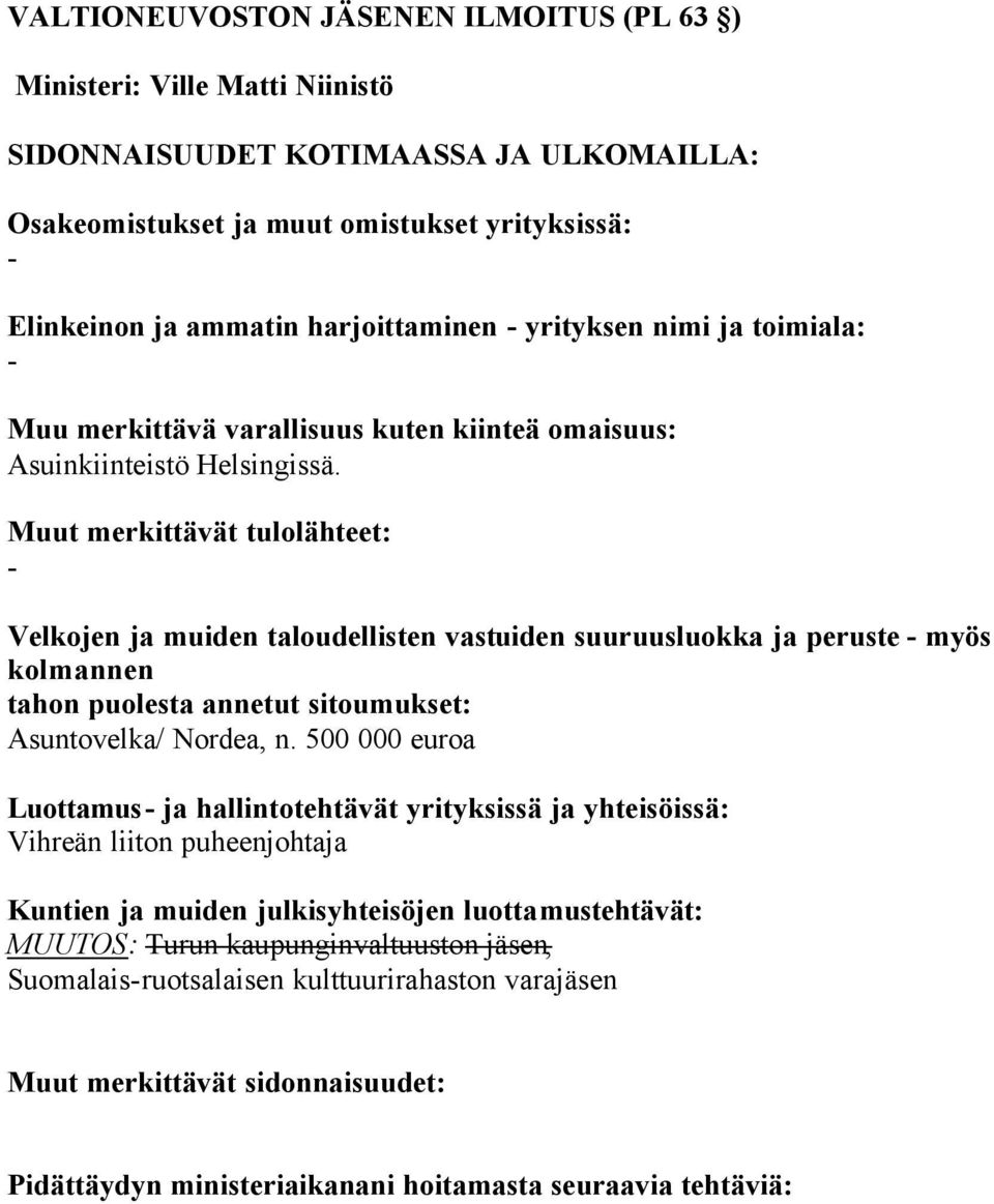 Velkojen ja muiden taloudellisten vastuiden suuruusluokka ja peruste myös Asuntovelka/ Nordea, n.